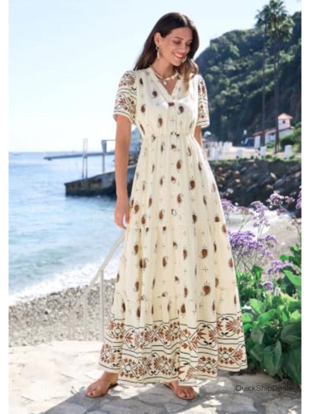 PRETTYGARDEN Womens Short Sleeve V-Neck Boho Floral Maxi Dress High Waist - Picture 2 of 6